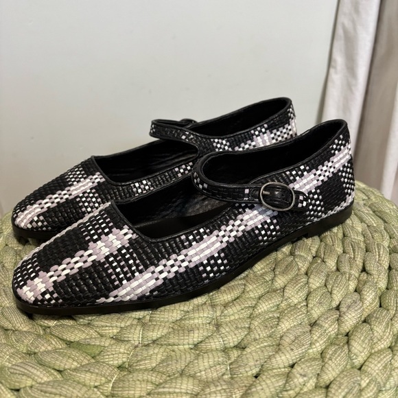 Anthropologie Maeve Black/White Leather Square Toe Woven Mary Jane Flats NWT - Picture 3 of 14